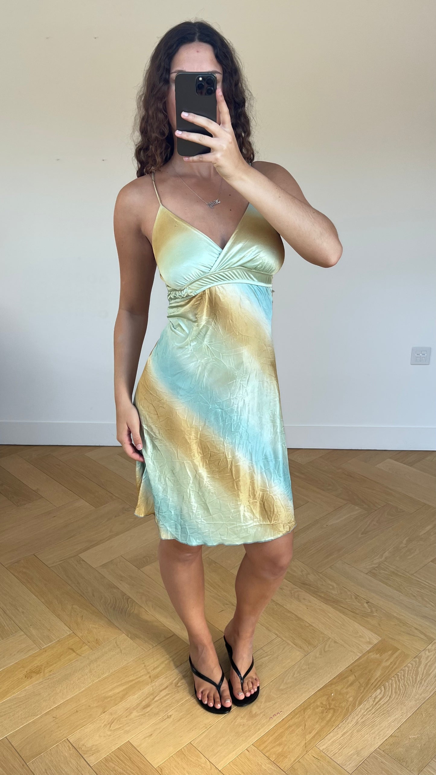 00s yellow blue midi dress- size S