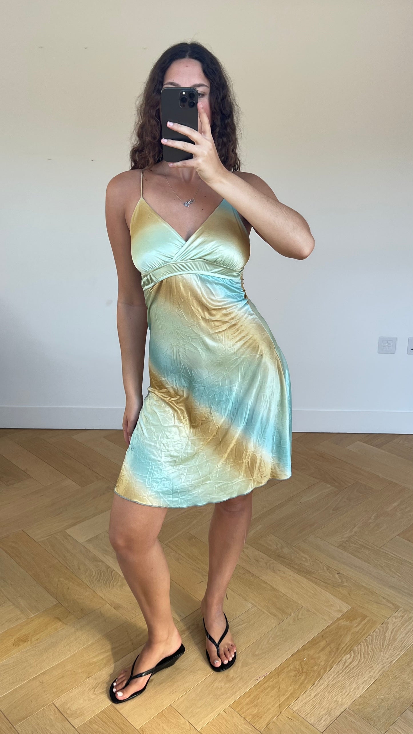 00s yellow blue midi dress- size S