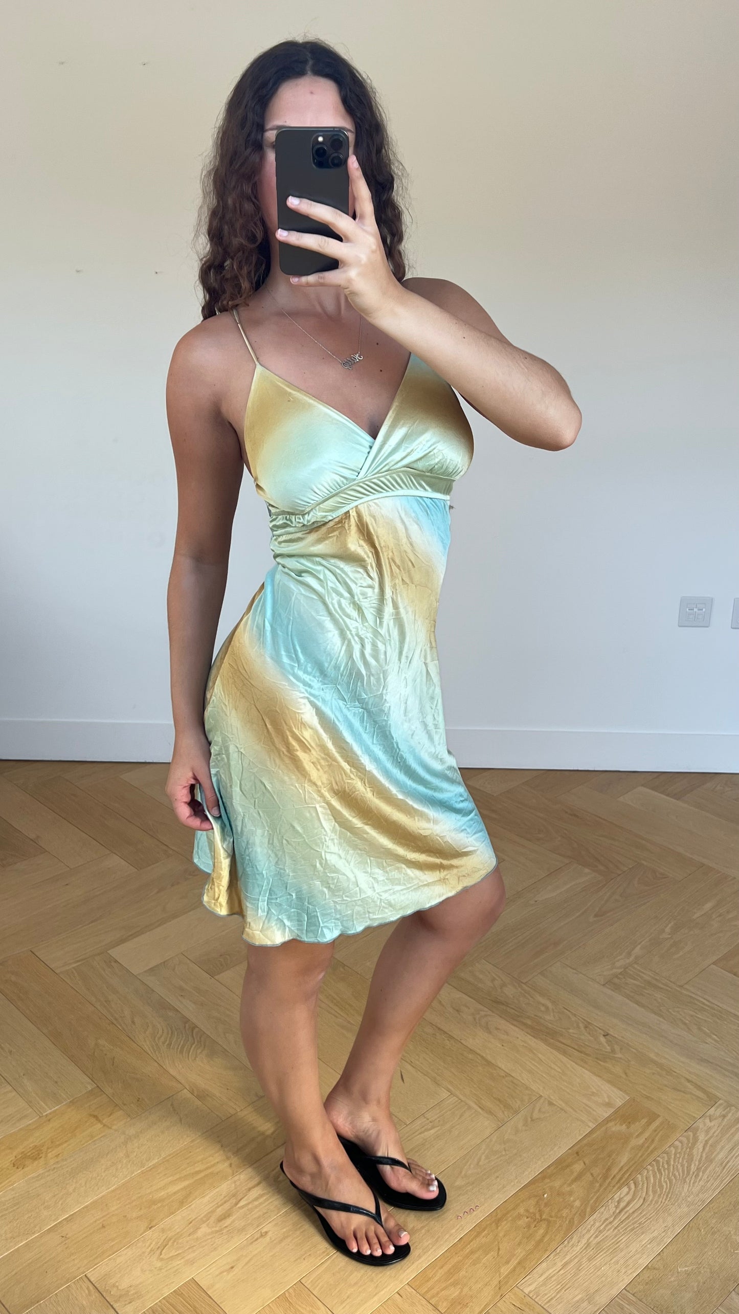00s yellow blue midi dress- size S