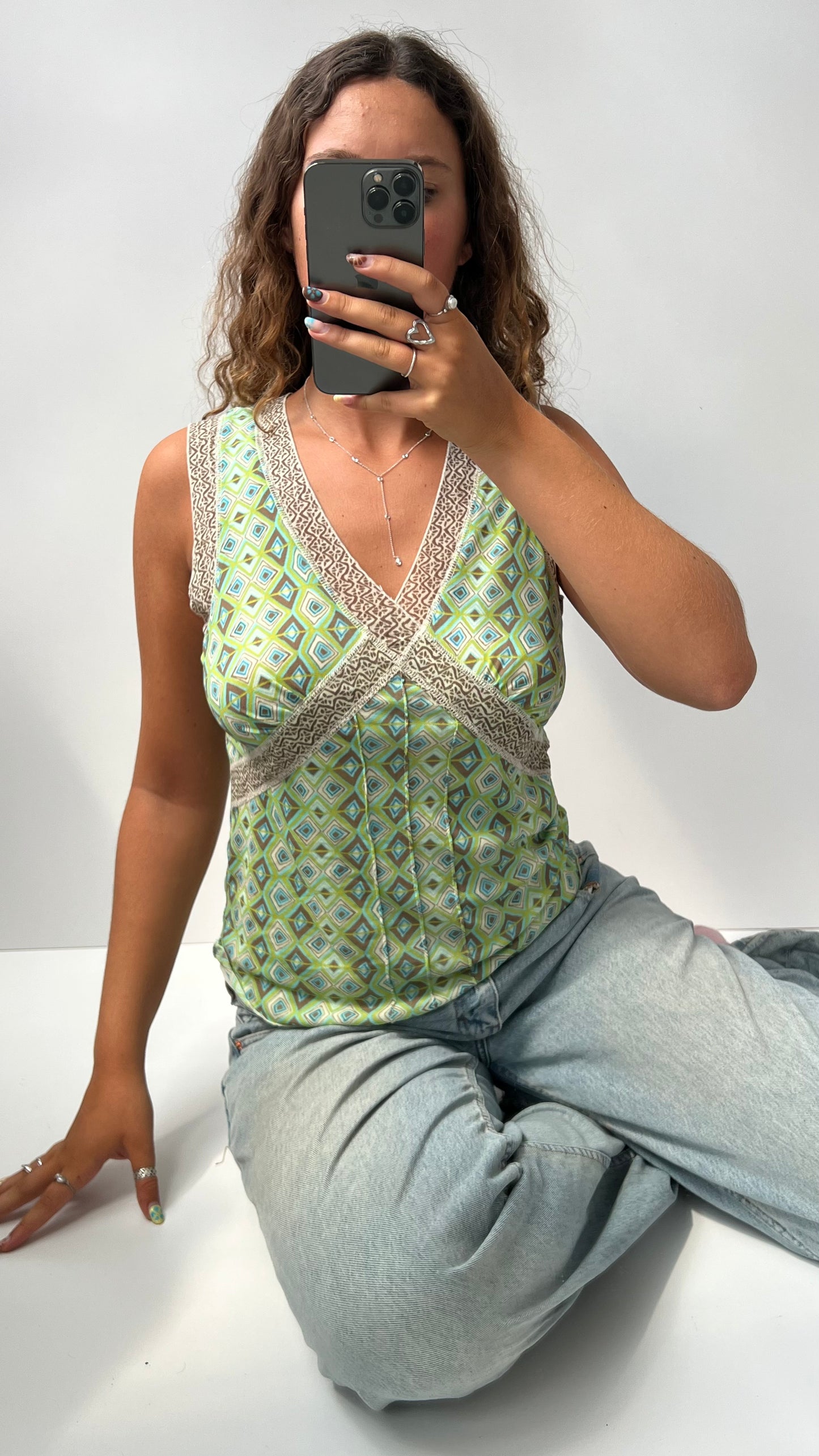 00s green mesh patterned top- size L