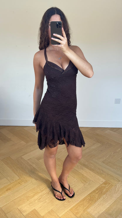 00s brown lace midi dress- size S