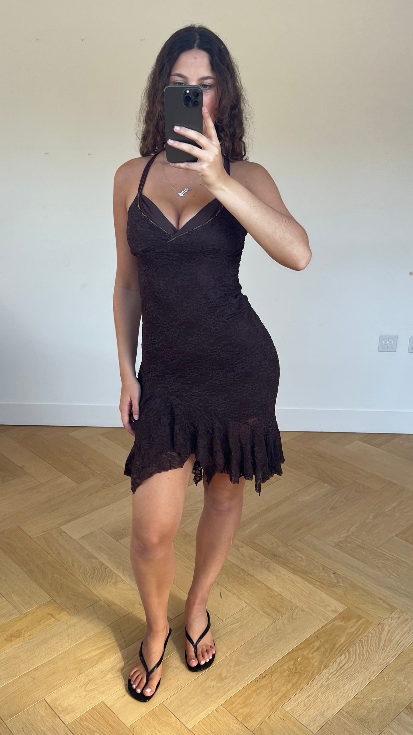 00s brown lace midi dress- size S