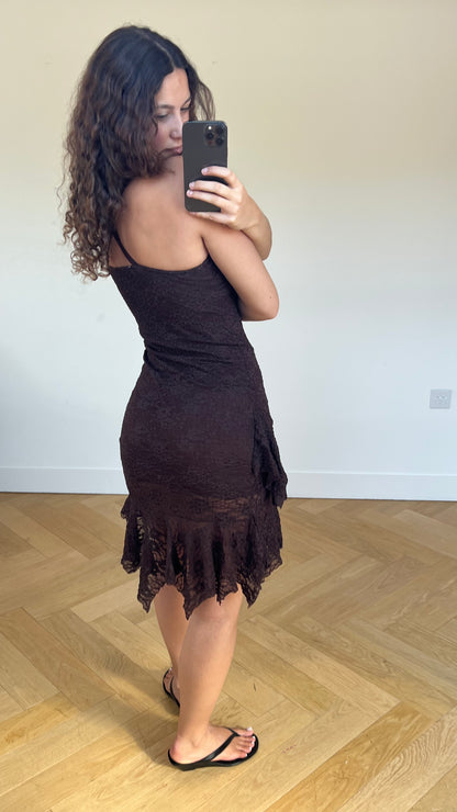 00s brown lace midi dress- size S