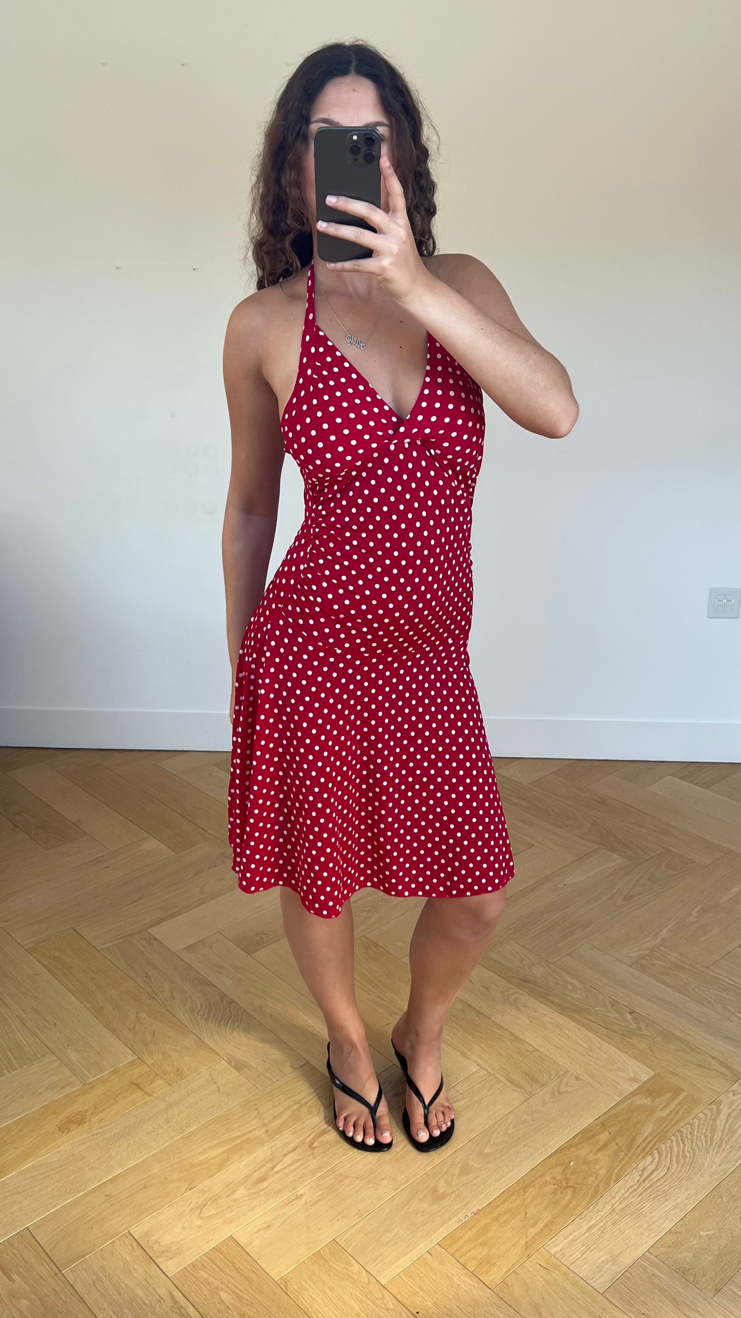 00s red polka dot midi dress- size M