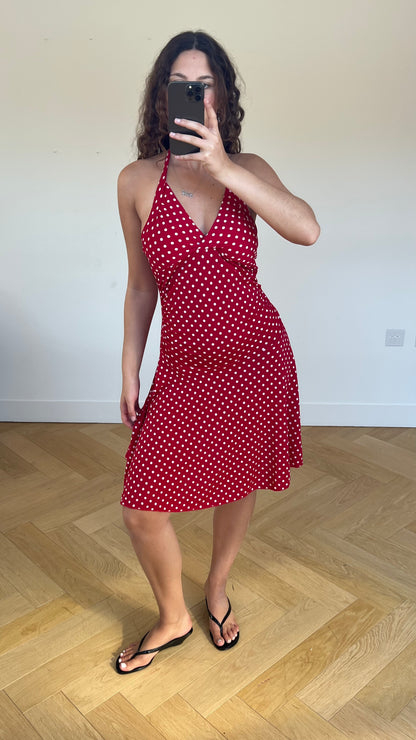 00s red polka dot midi dress- size M