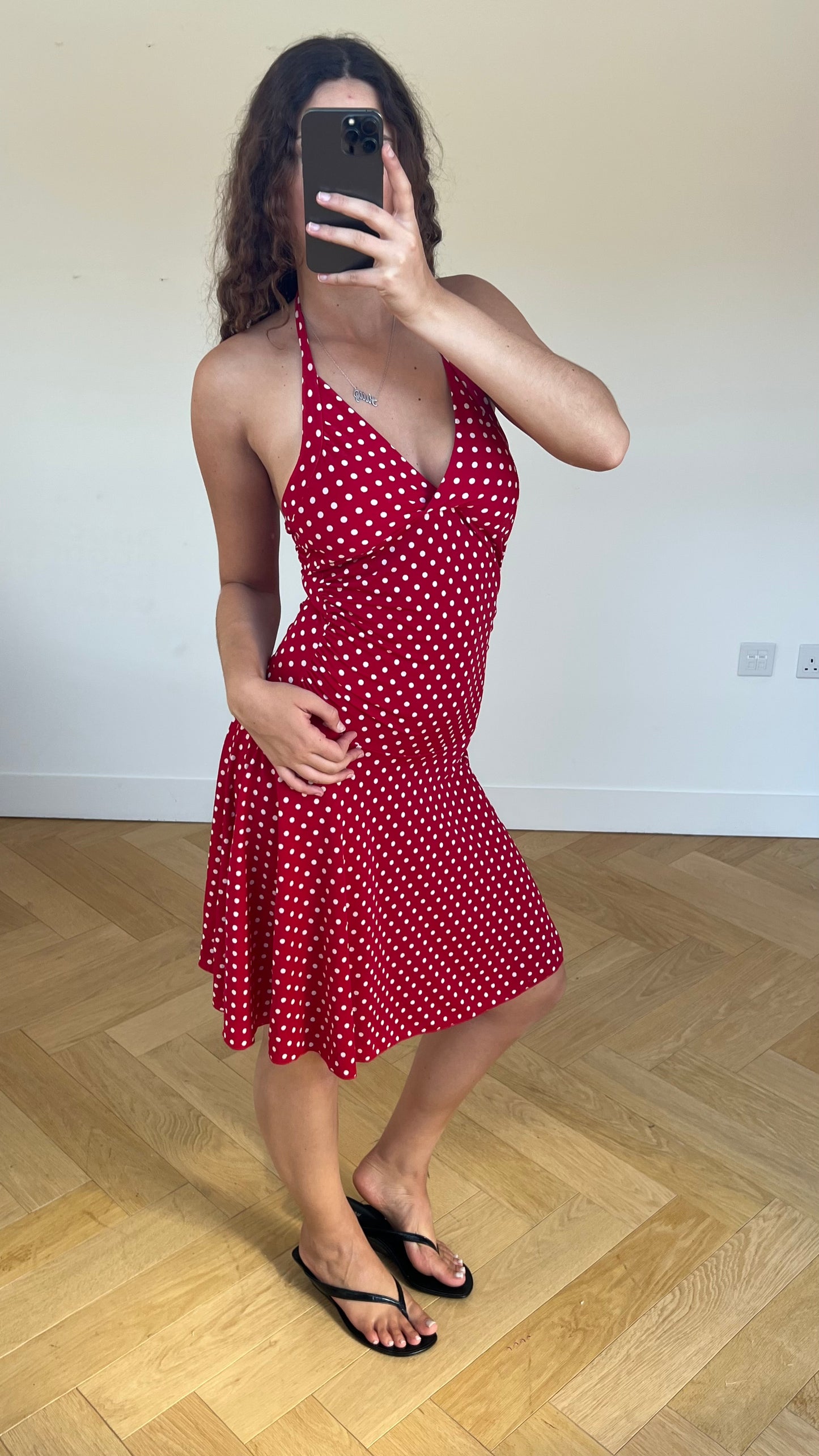 00s red polka dot midi dress- size M