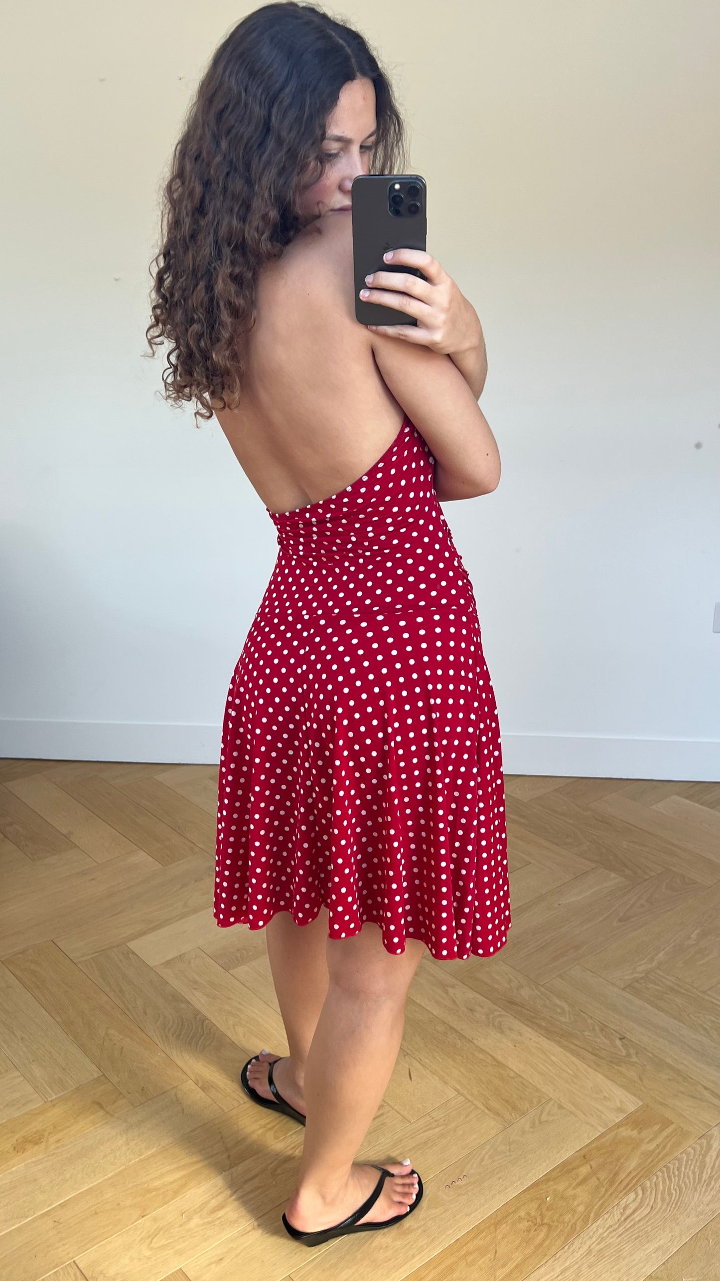 00s red polka dot midi dress- size M