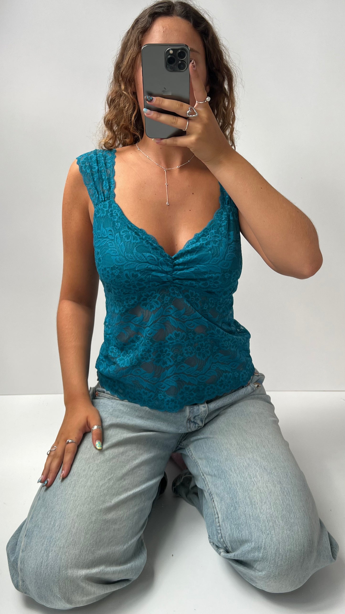 00s blue lace babydoll top- size M