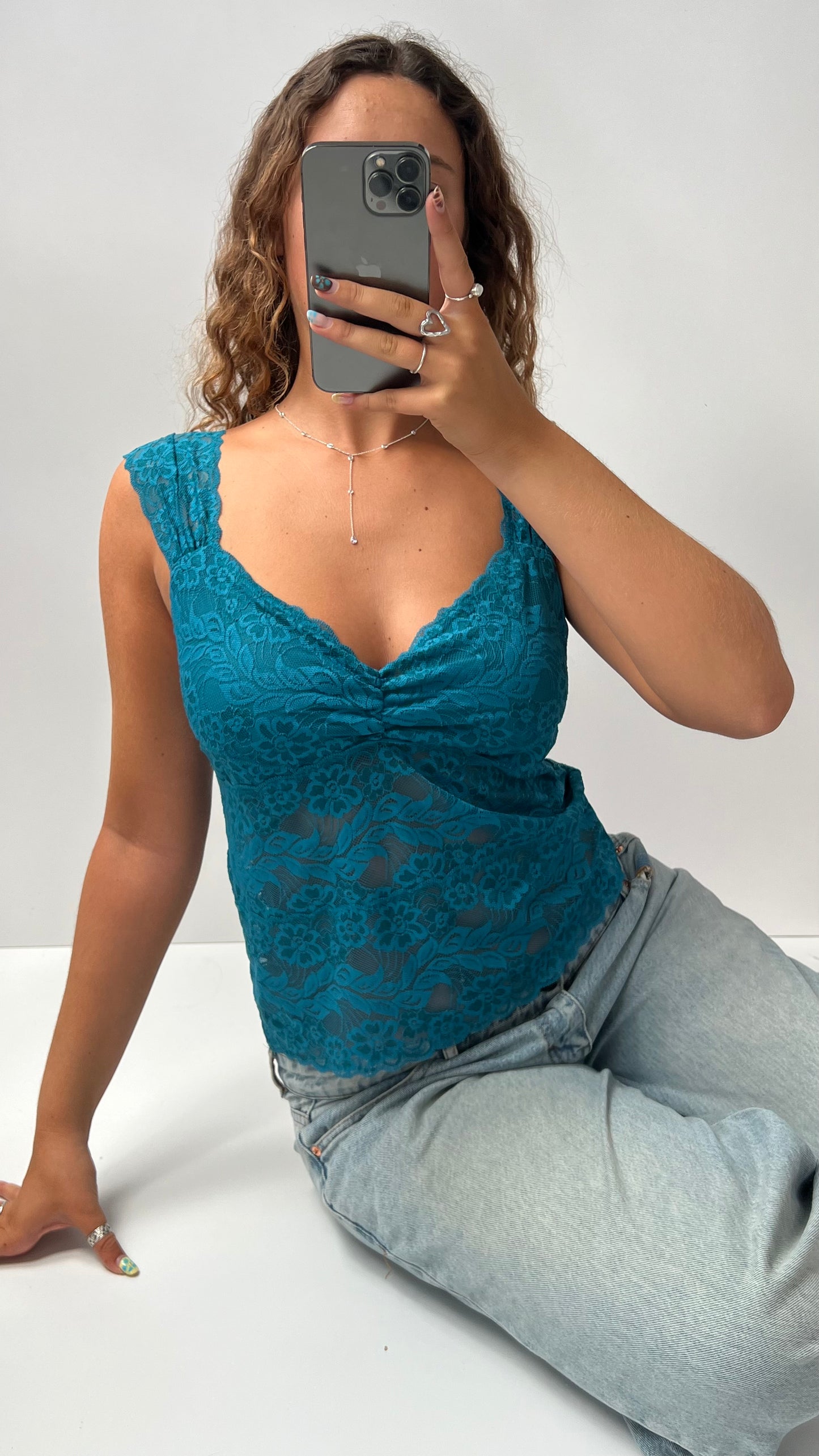 00s blue lace babydoll top- size M
