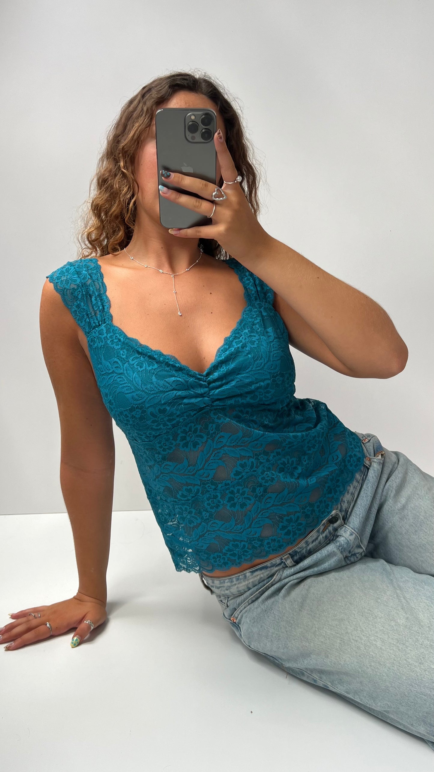 00s blue lace babydoll top- size M