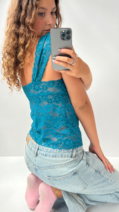 00s blue lace babydoll top- size M