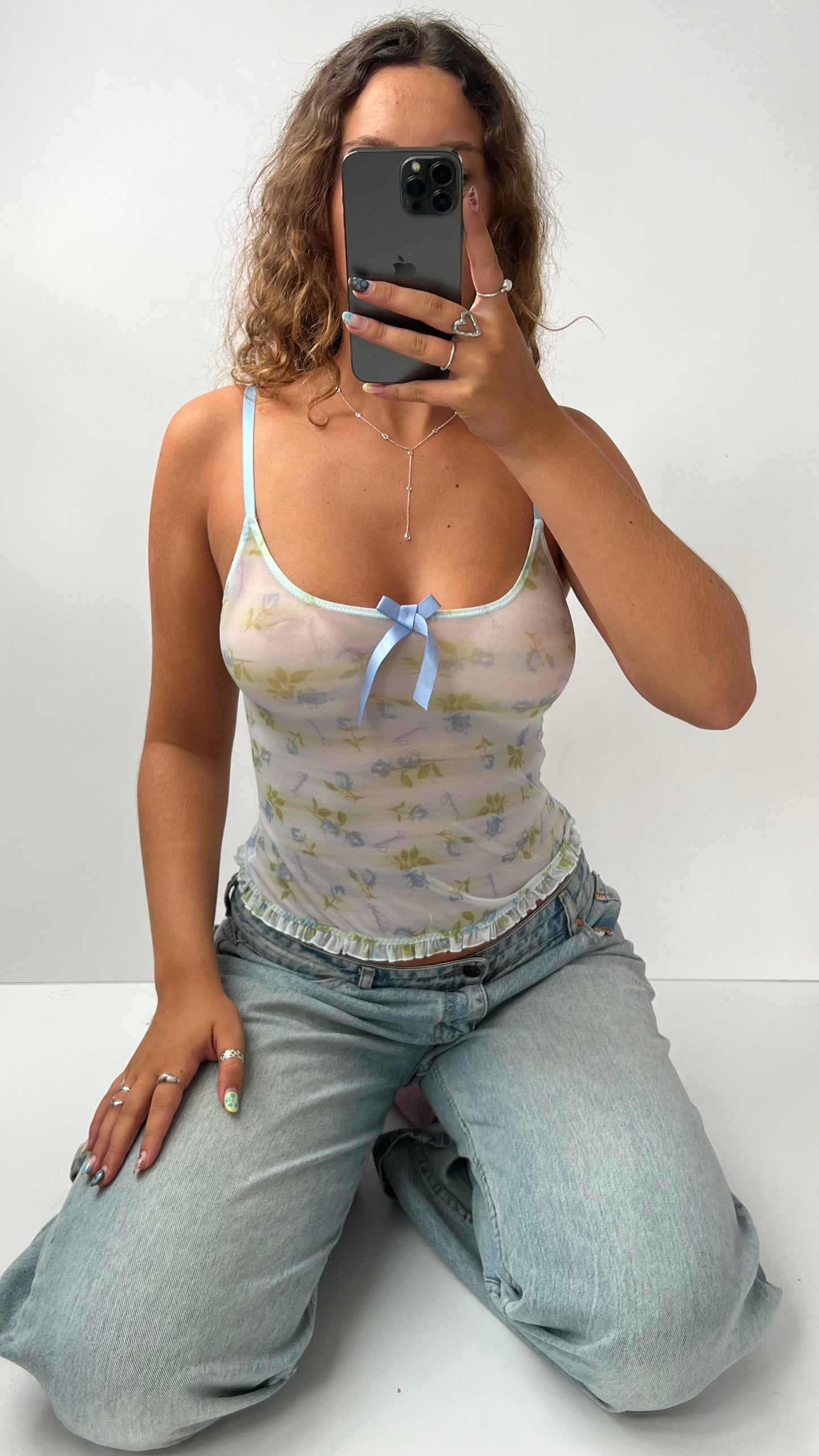 00s blue green floral mesh cami- size S