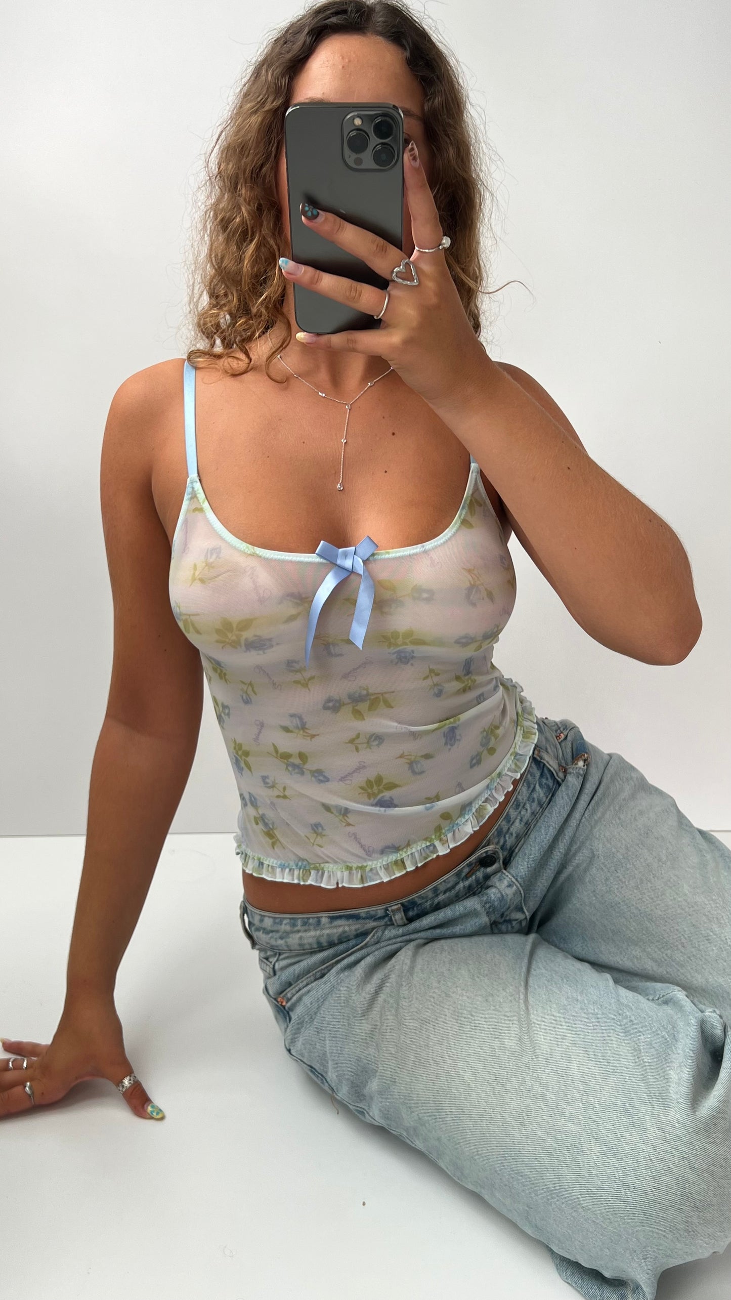 00s blue green floral mesh cami- size S