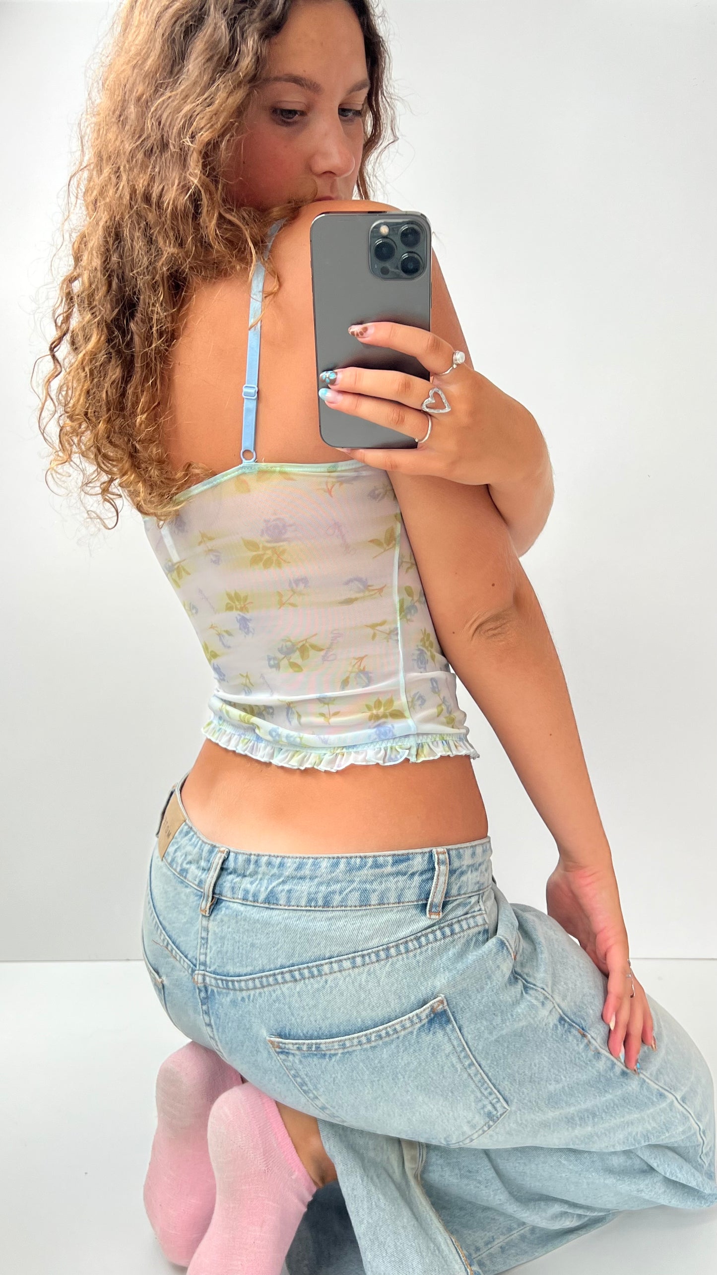 00s blue green floral mesh cami- size S