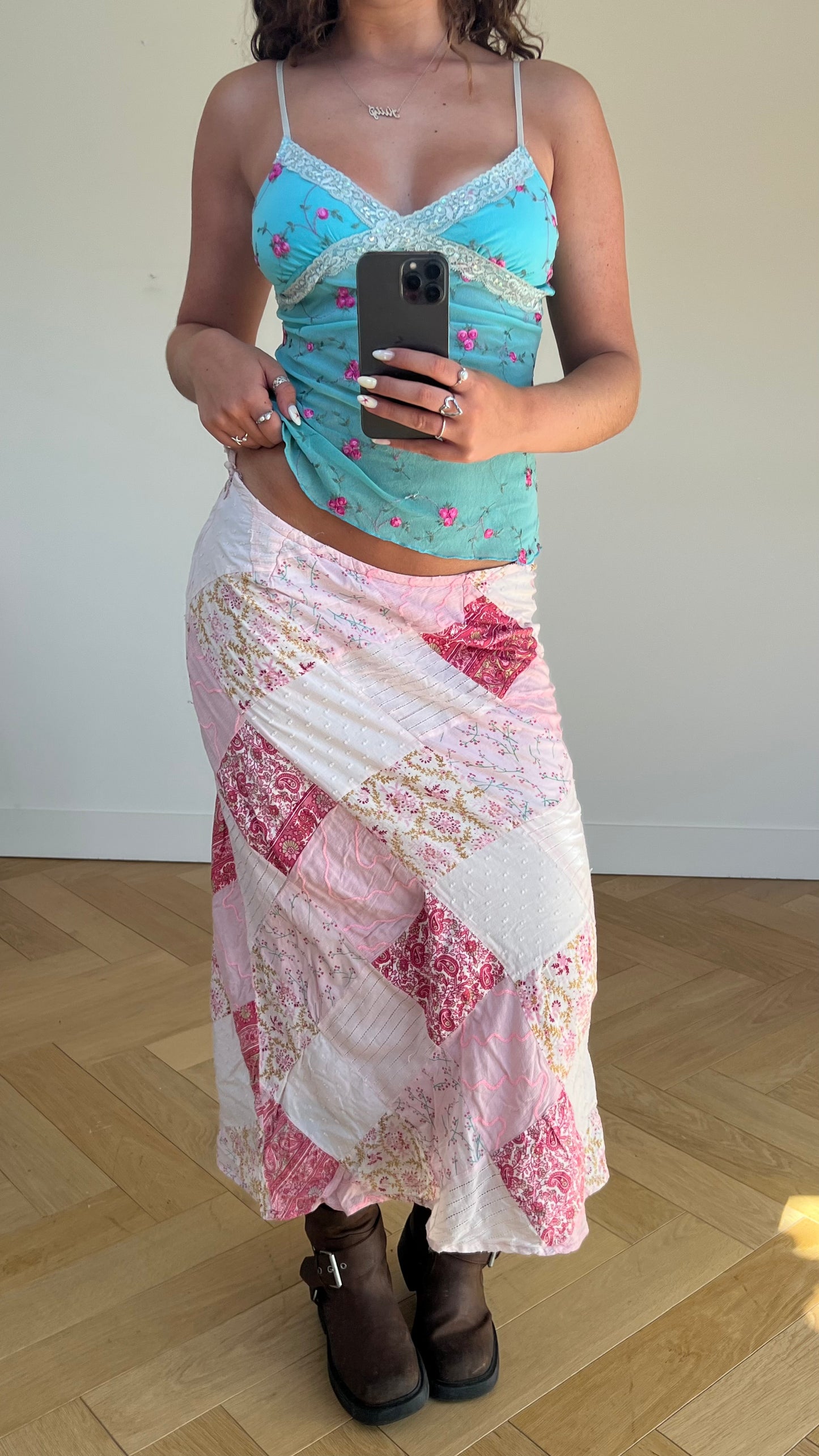 00s pink patchwork maxi skirt- size S
