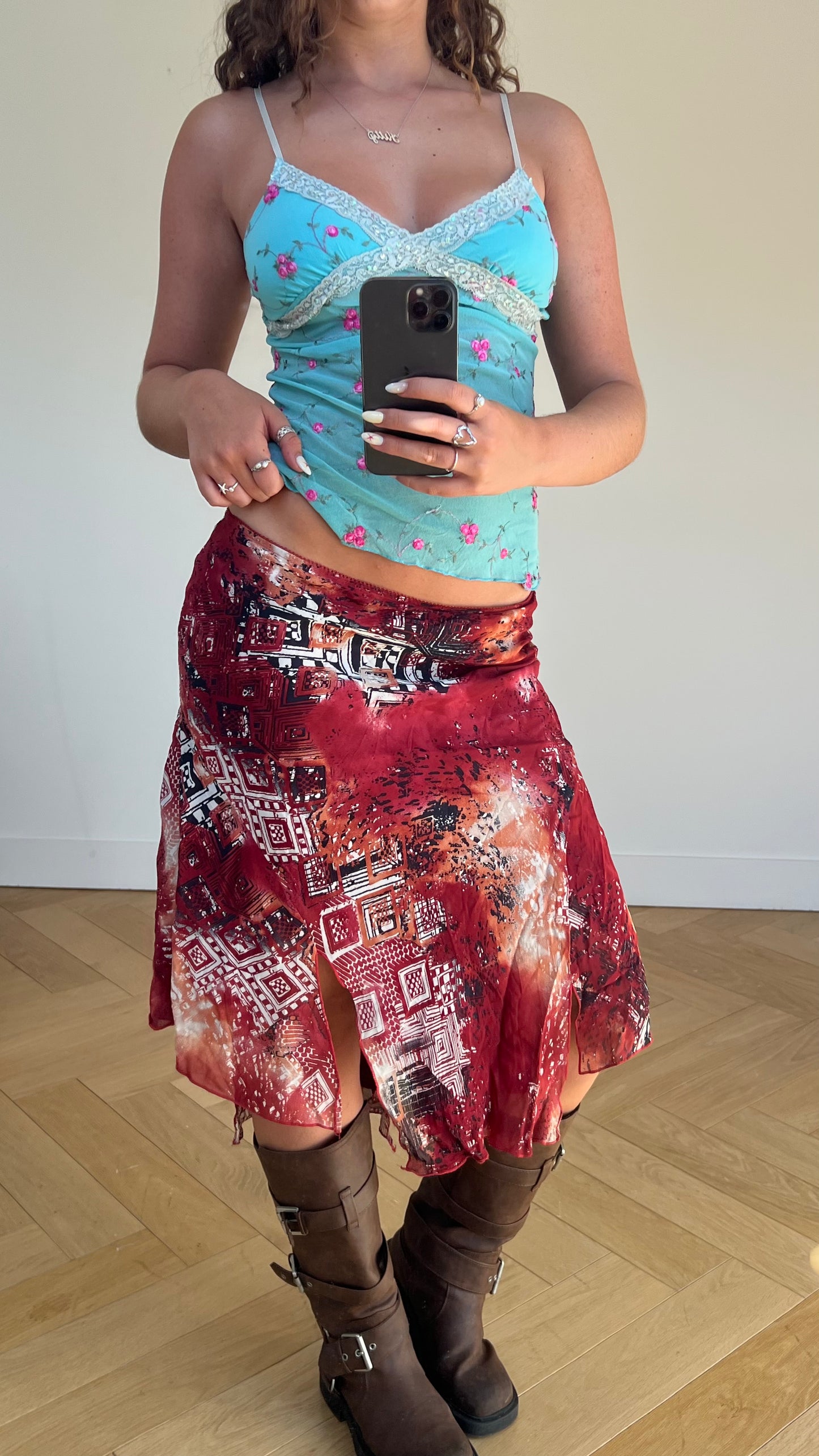 00s red mesh midi skirt- size M