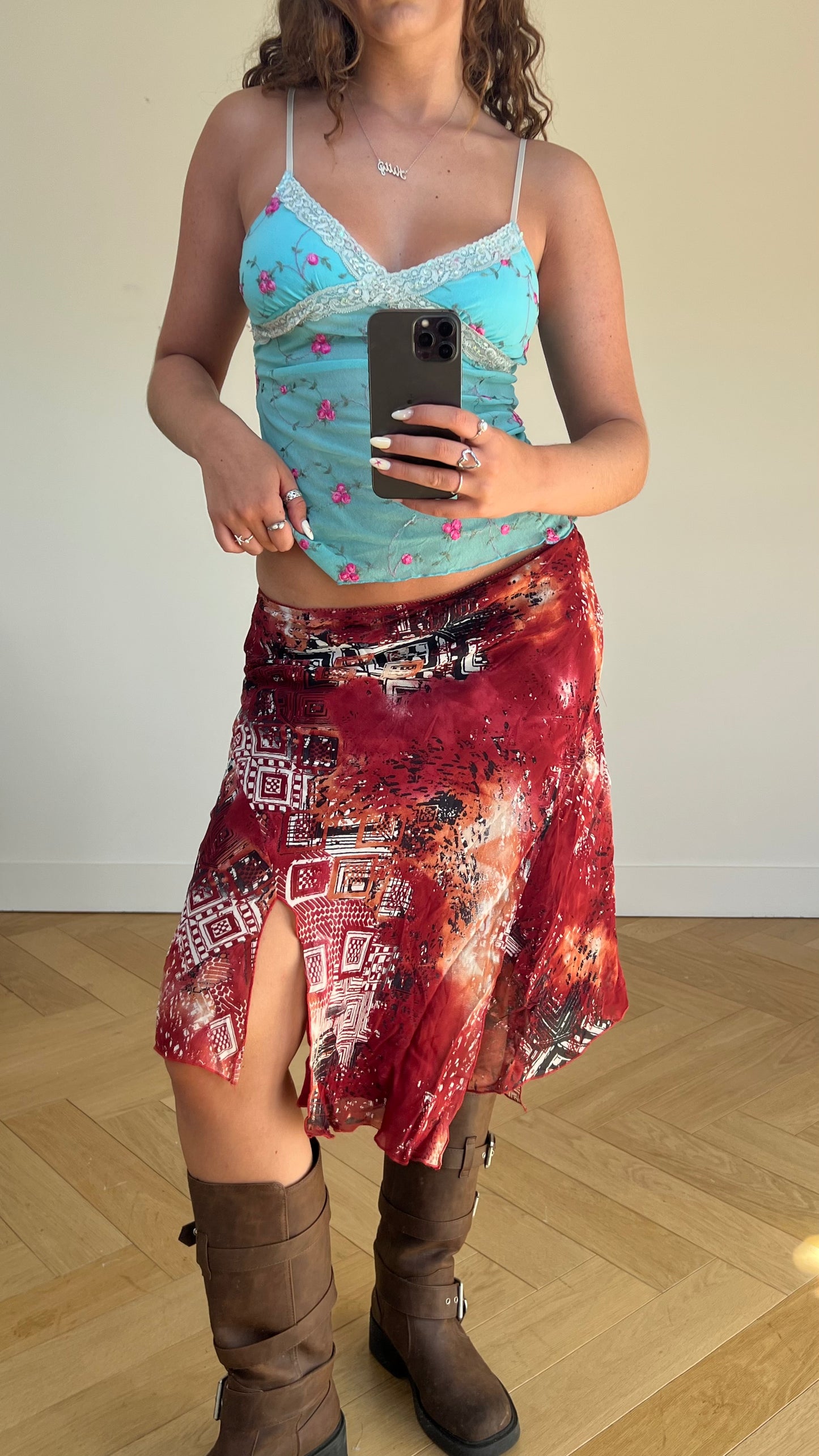 00s red mesh midi skirt- size M