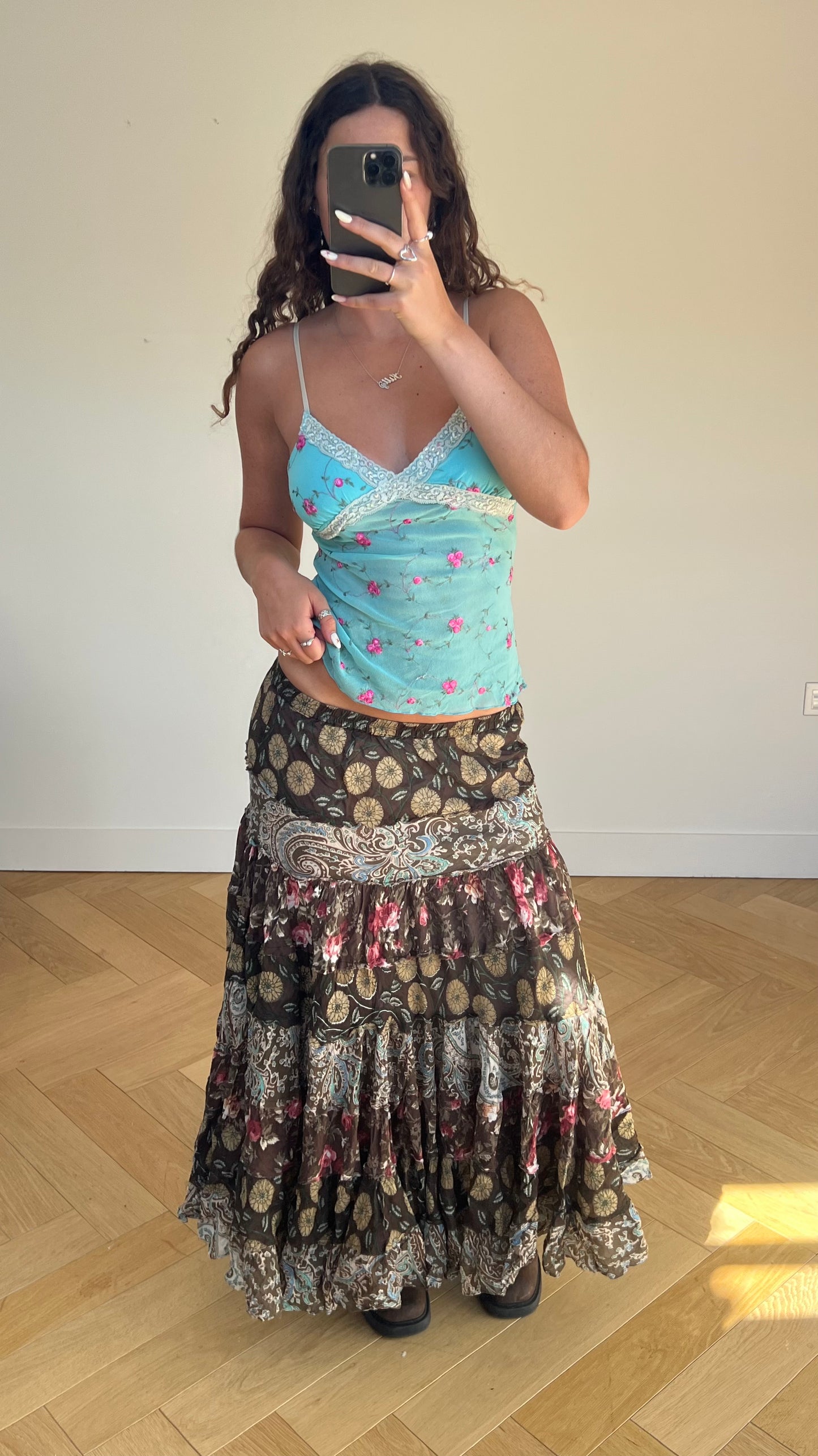 00s brown boho maxi skirt- size M