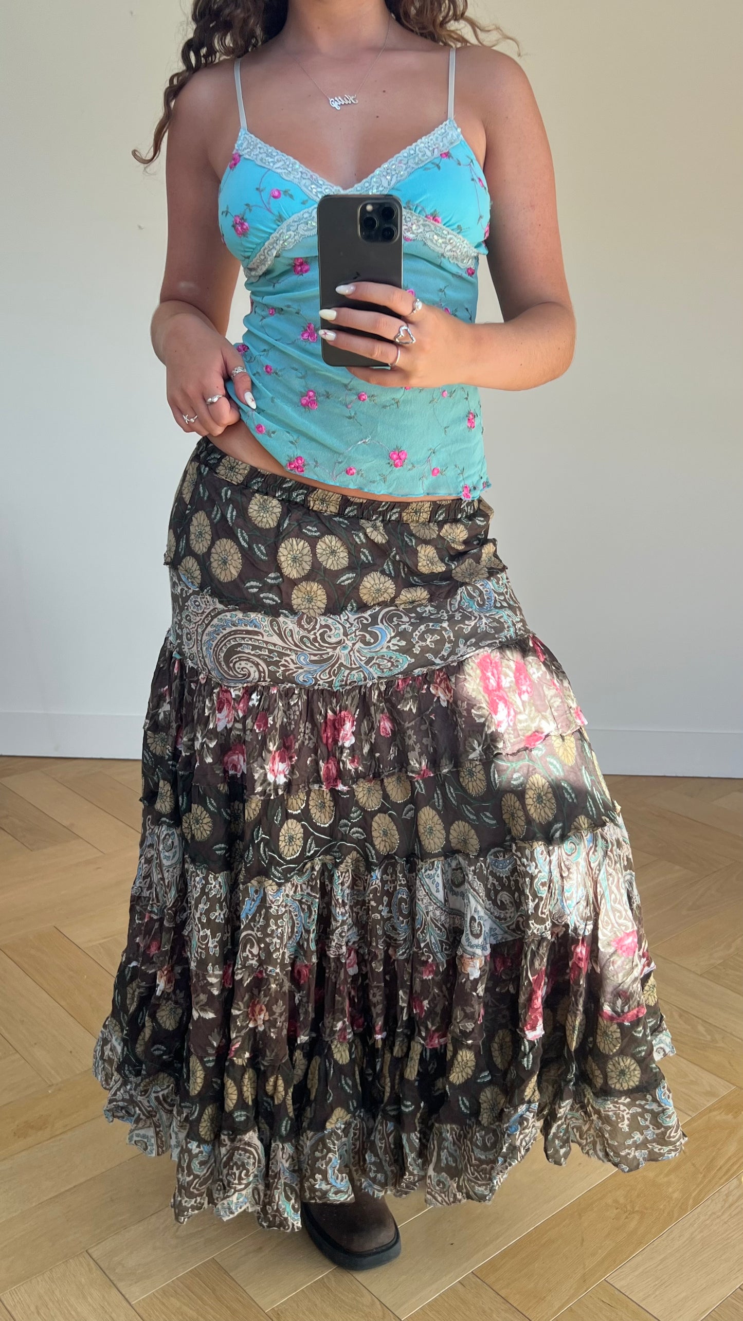 00s brown boho maxi skirt- size M