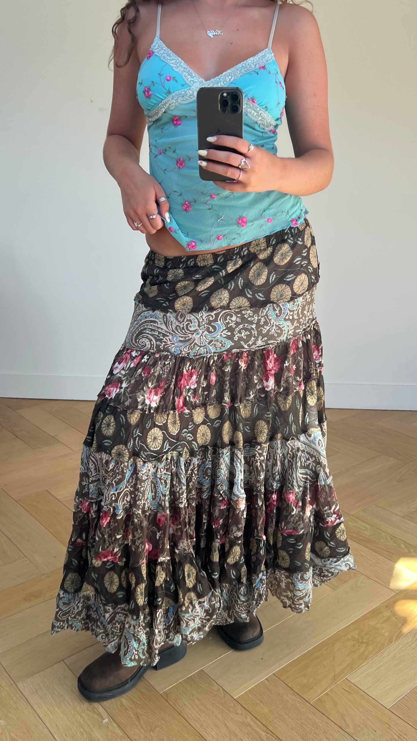 00s brown boho maxi skirt- size M