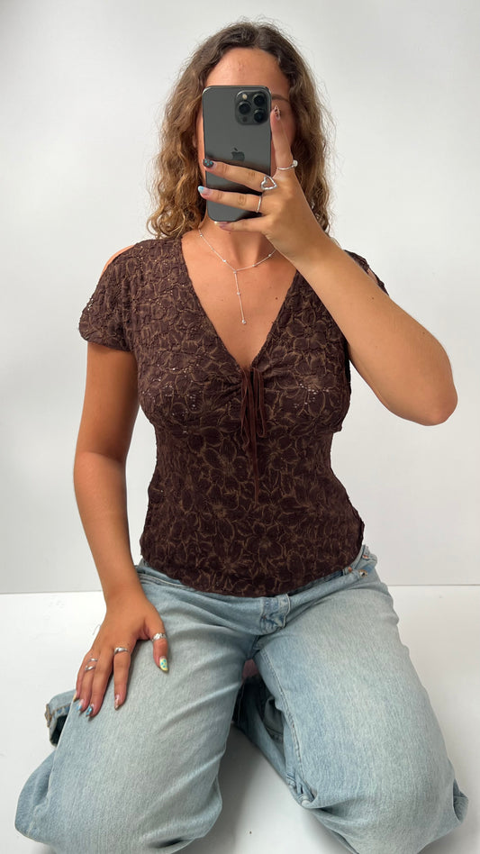 00s brown lace babydoll top- size M