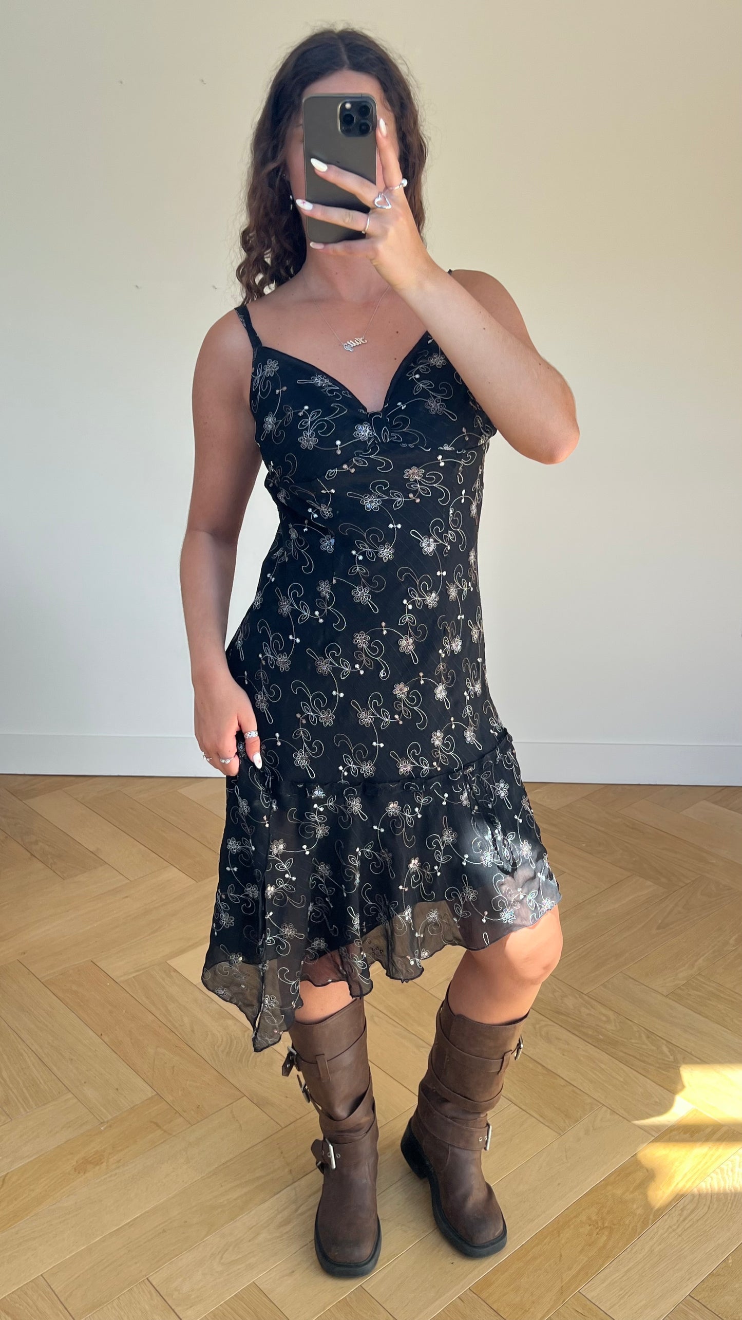00s black floral midi dress- size M/L