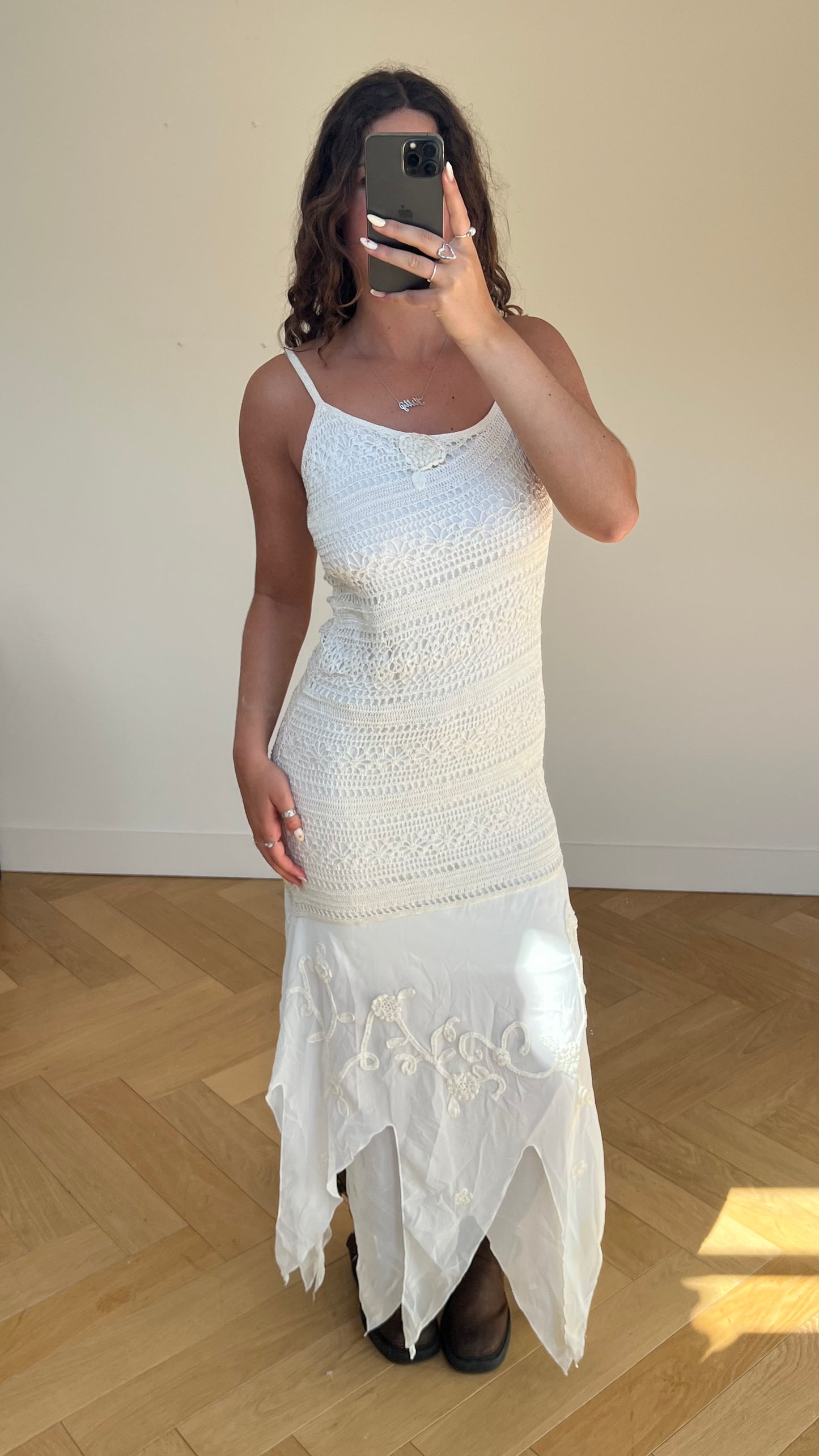 00s white crochet beaded maxi dress- size L