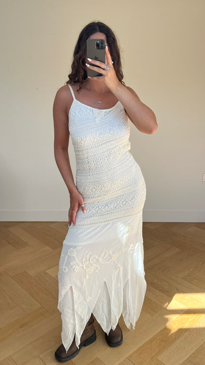 00s white crochet beaded maxi dress- size L