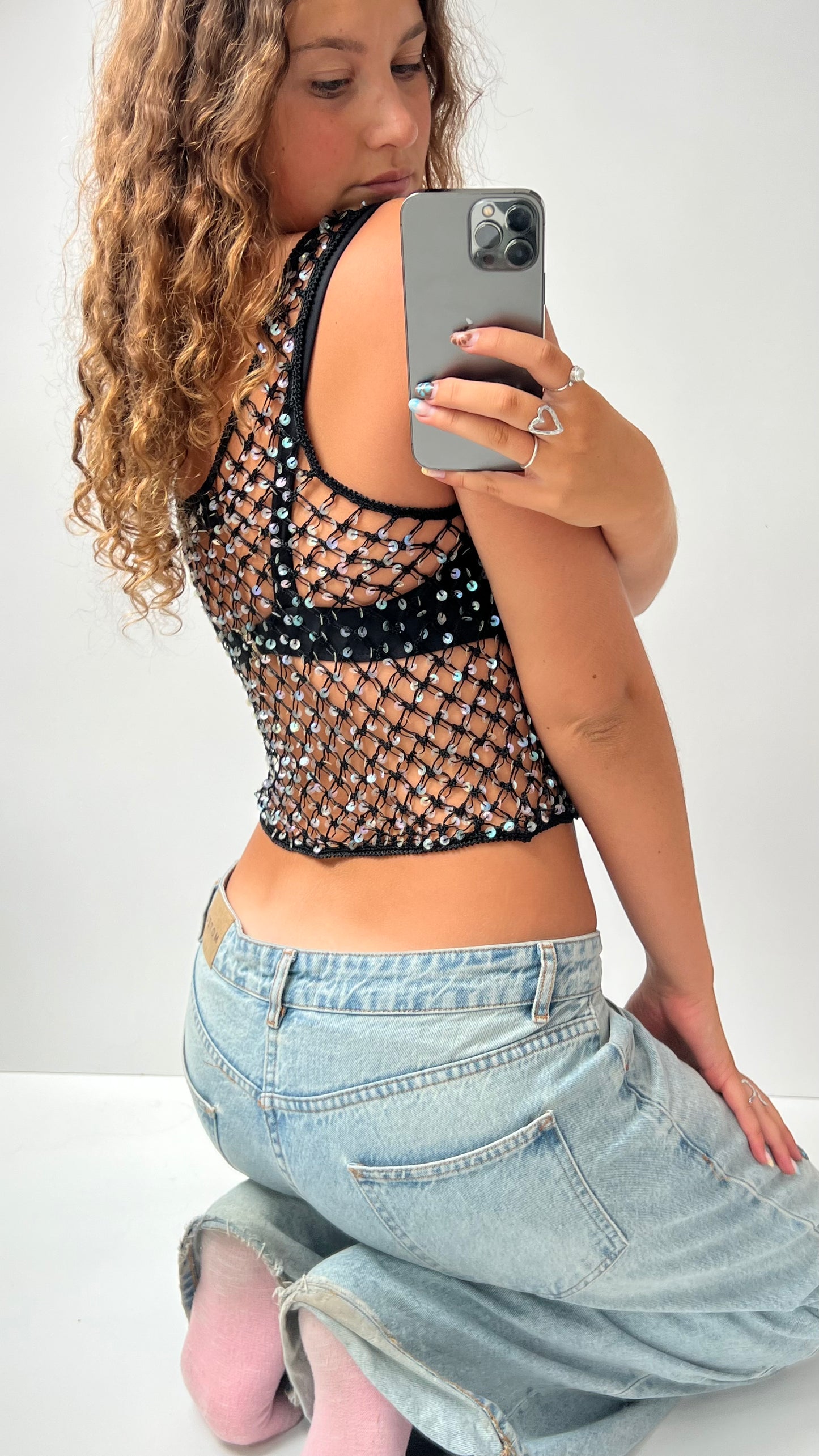 00s black crochet sequin cami- size S
