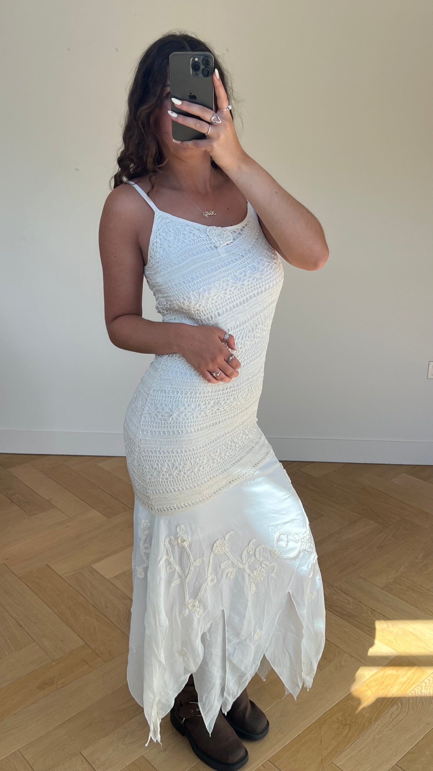 00s white crochet beaded maxi dress- size L