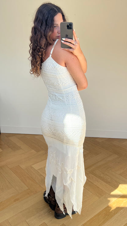 00s white crochet beaded maxi dress- size L