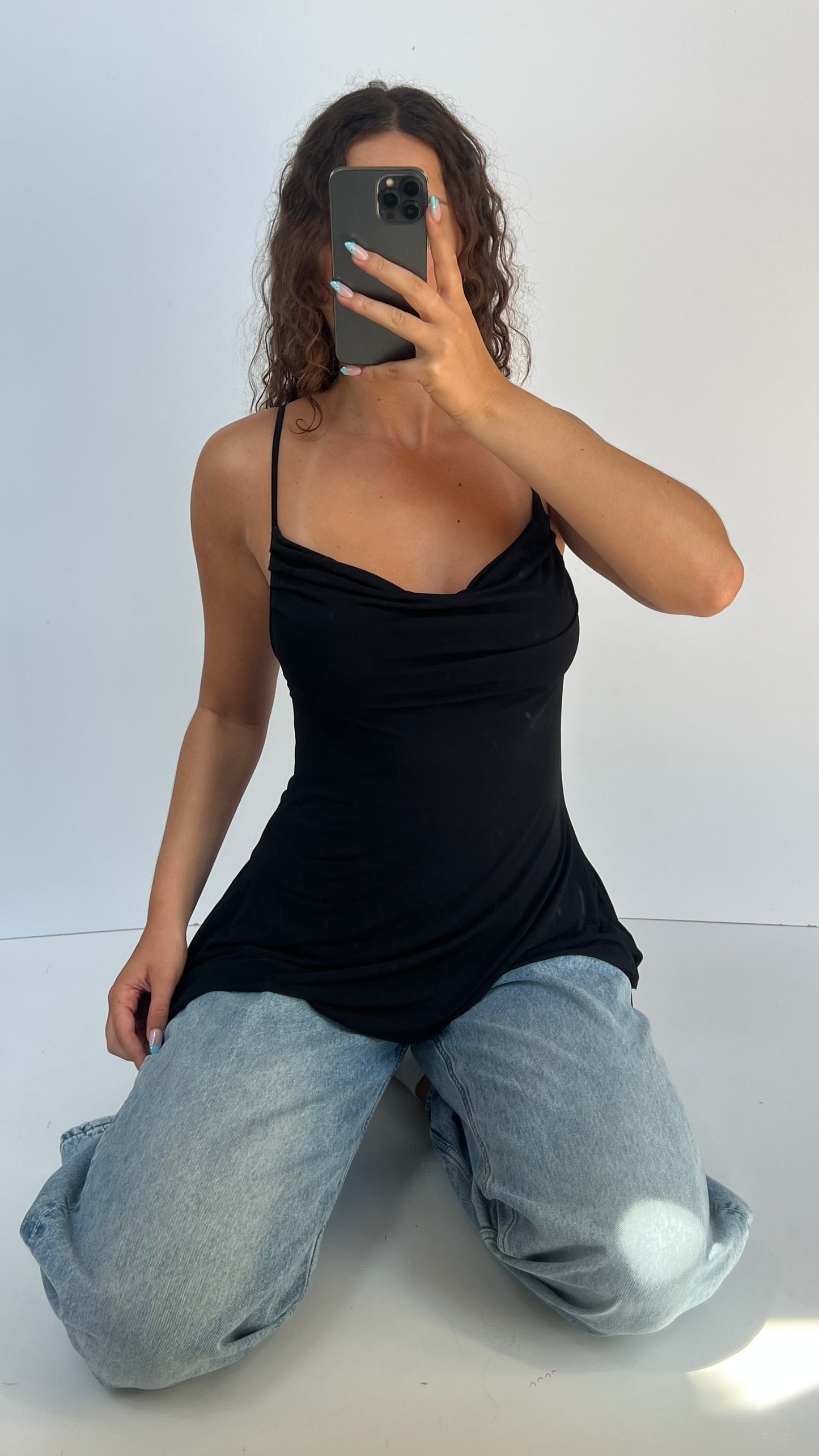 00s black asymmetric cami- size M