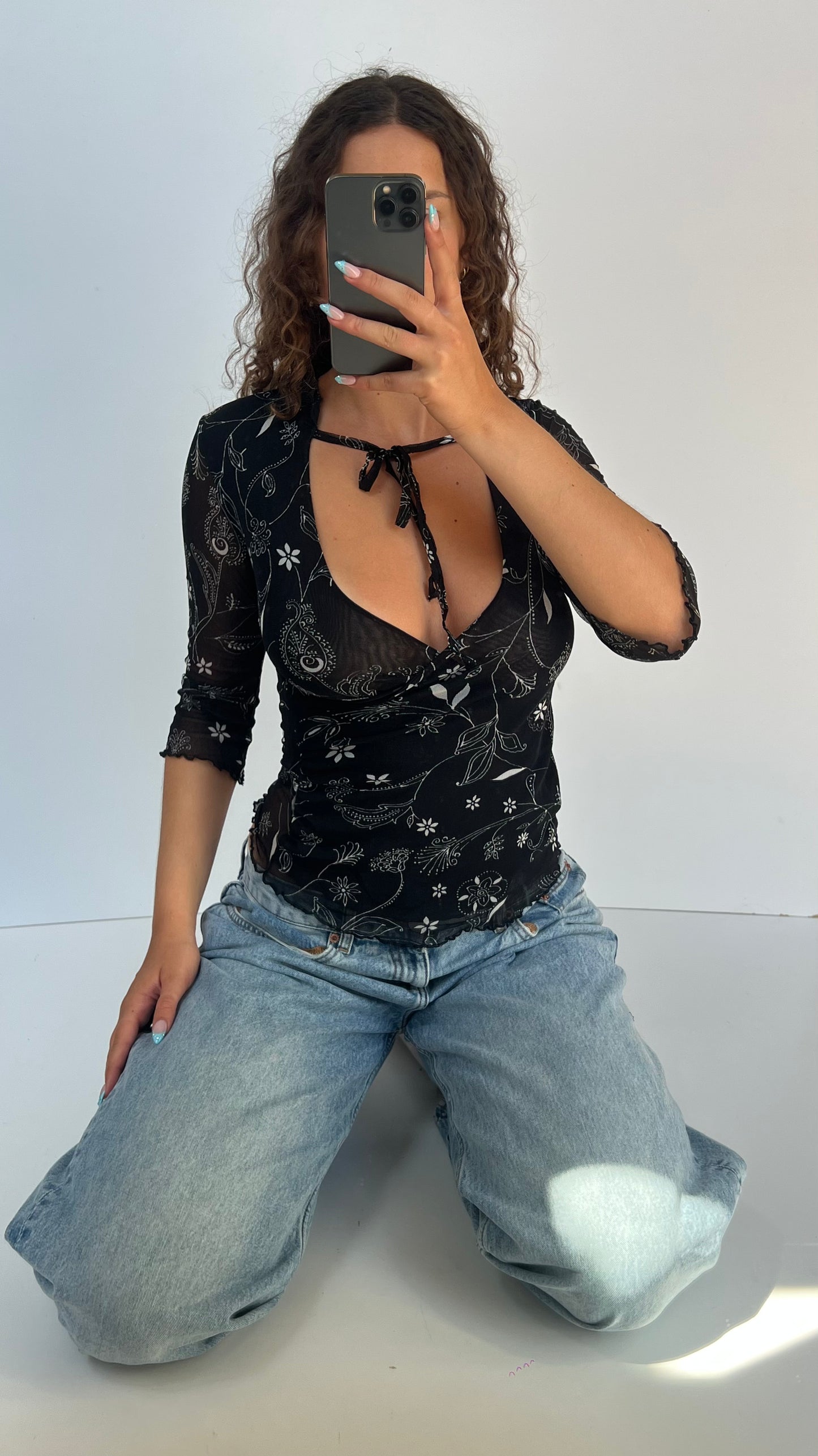 00s black mesh floral top- size S