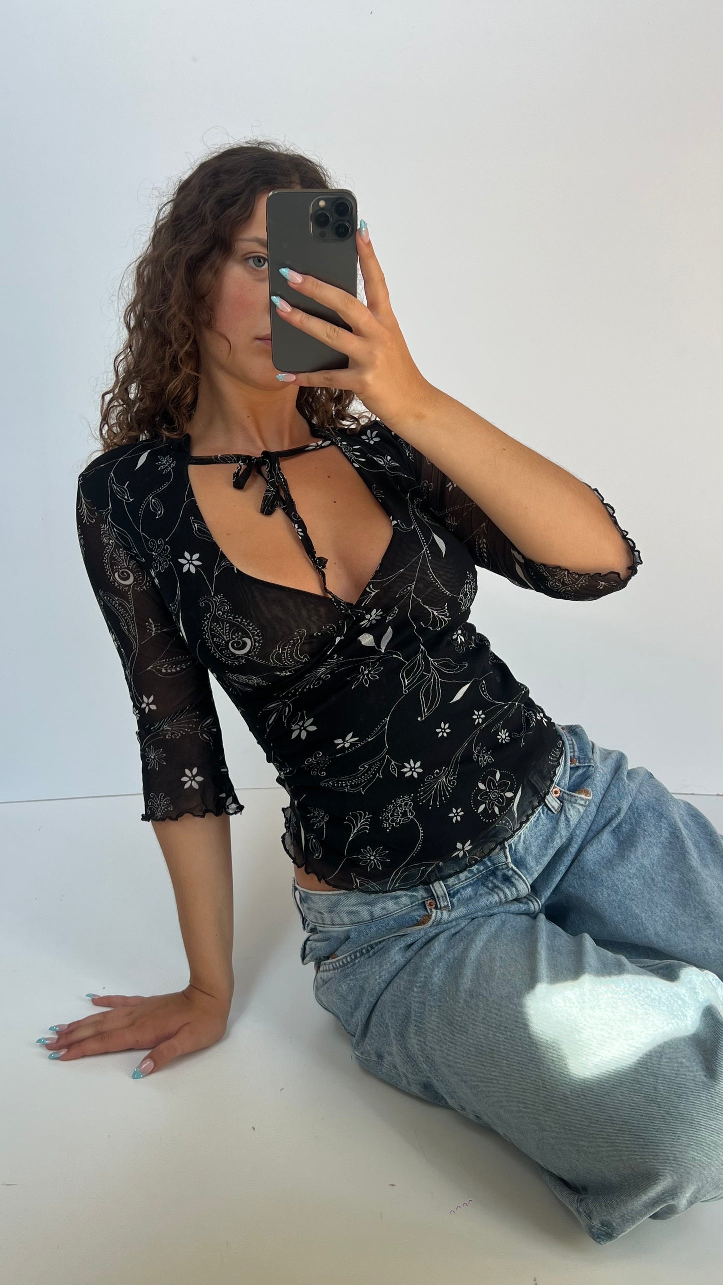 00s black mesh floral top- size S