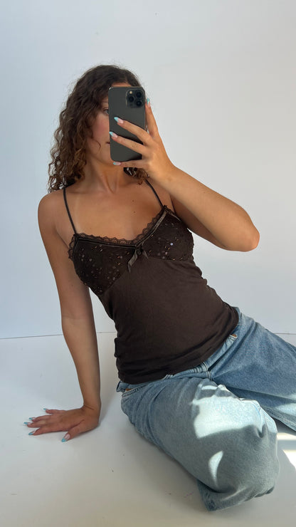 00s brown lace sequin cami- size L