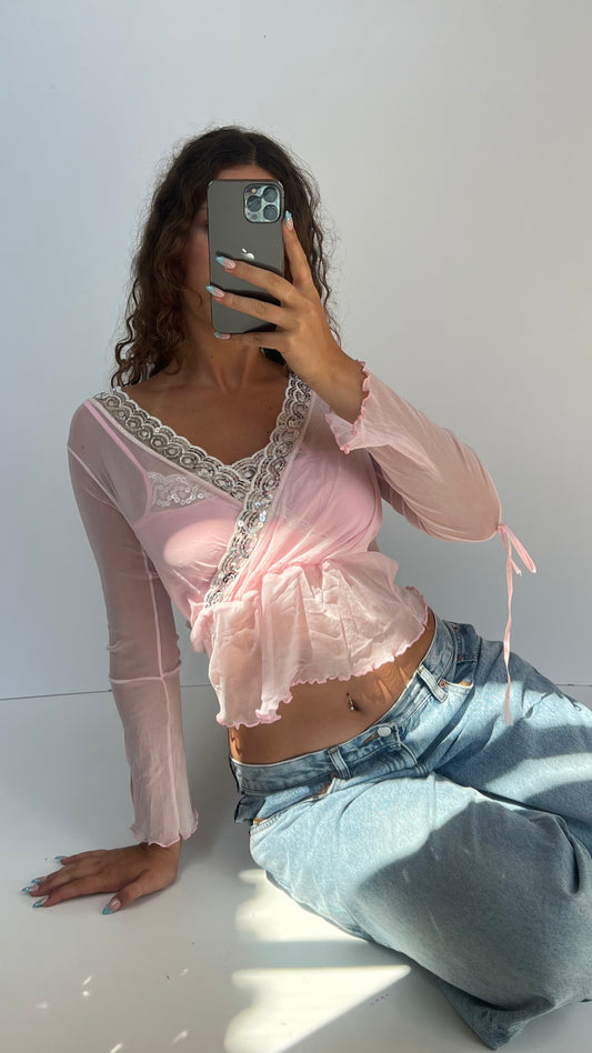 00s pink mesh sequin top- size S