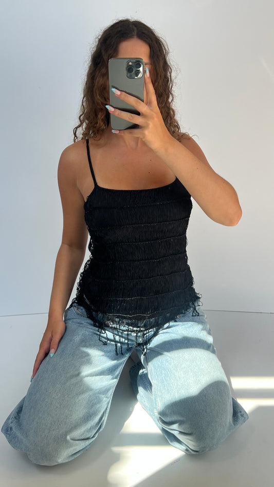 00s black fringe beaded cami- size M