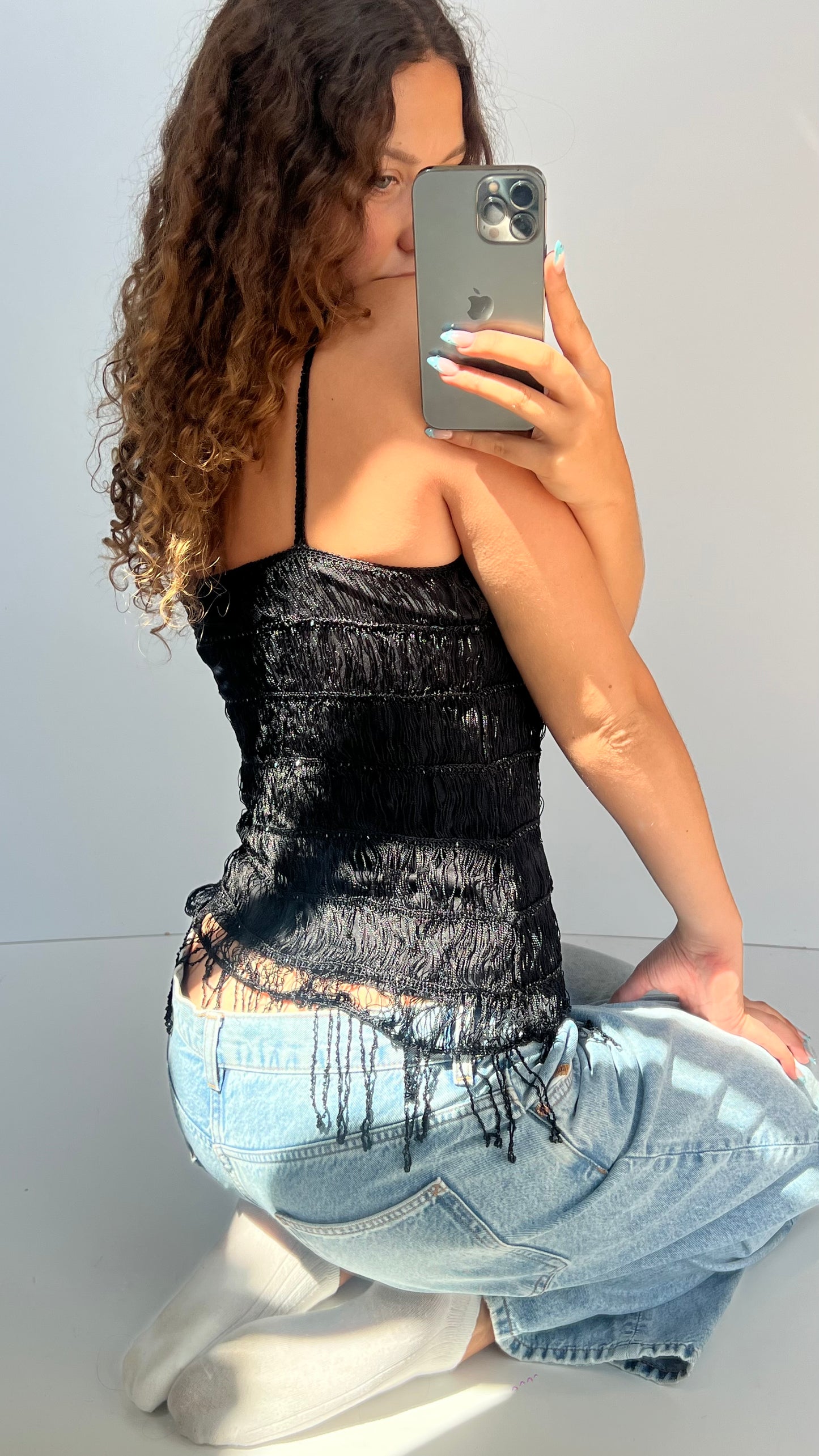 00s black fringe beaded cami- size M