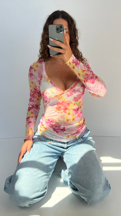 00s pink floral top- size S
