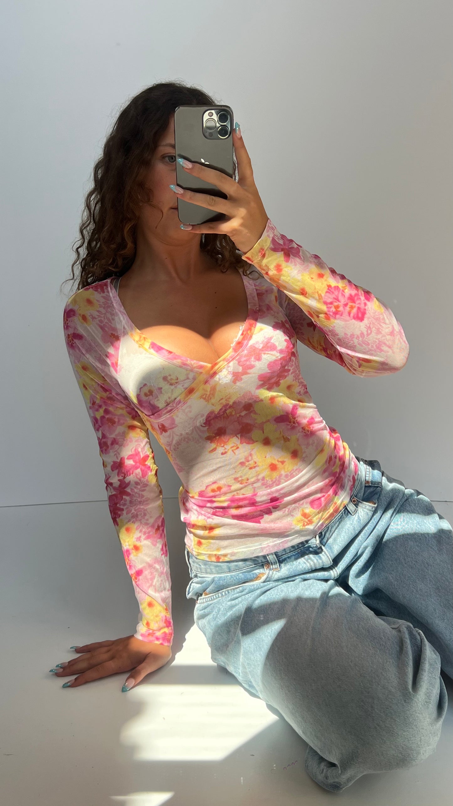 00s pink floral top- size S