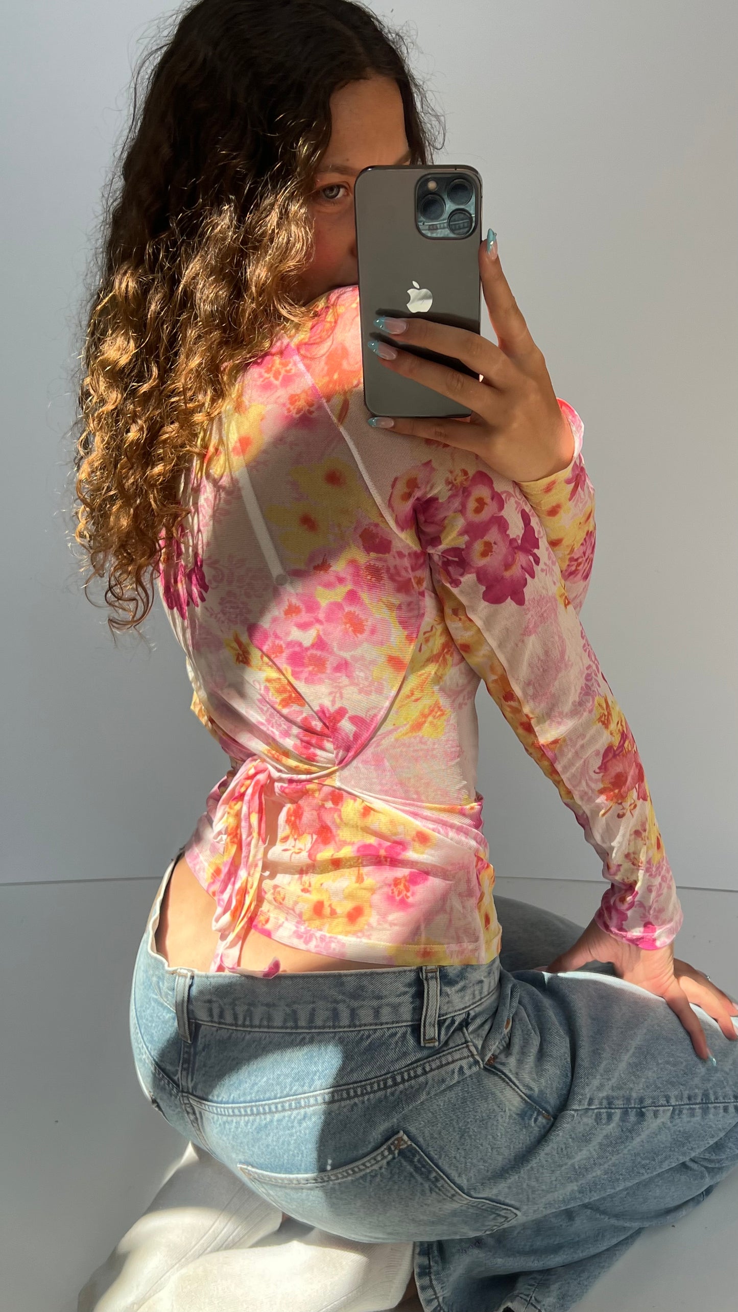 00s pink floral top- size S