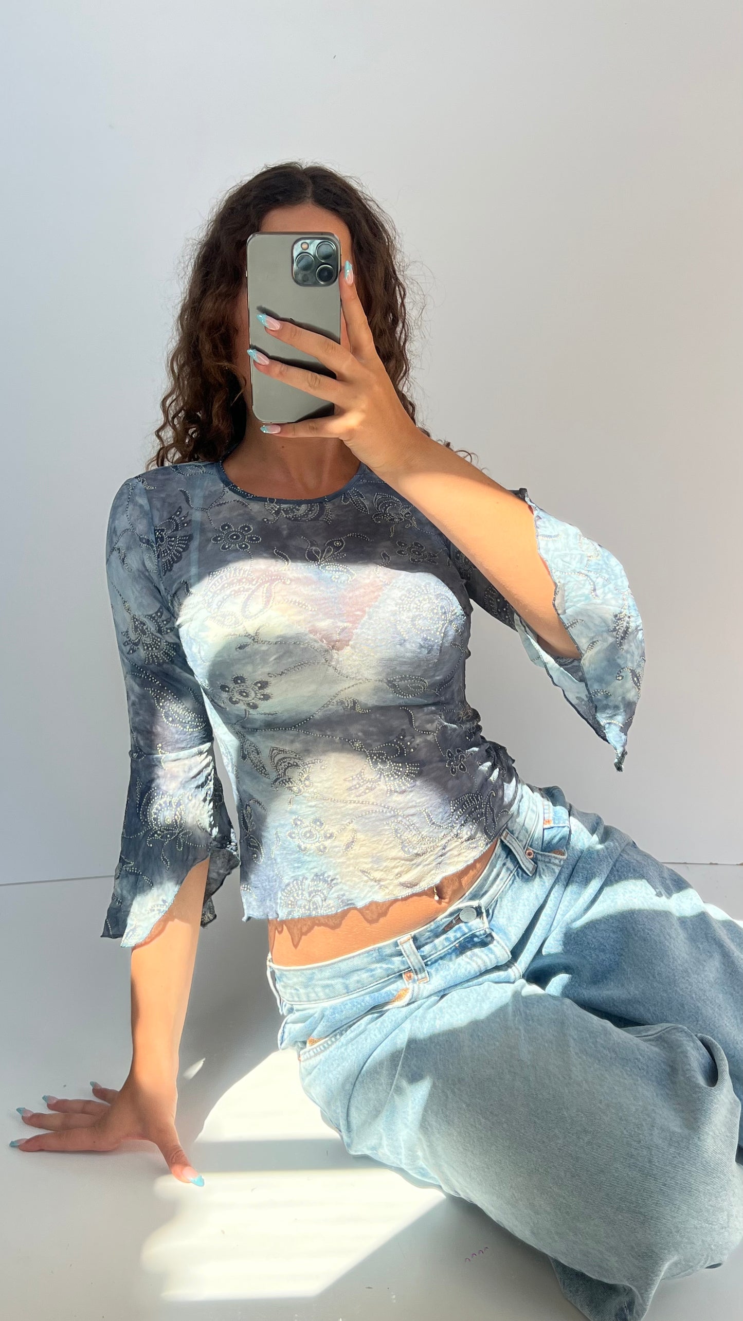 00s blue mesh top- size S