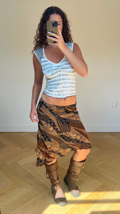 00s brown patterned midi skirt- size S