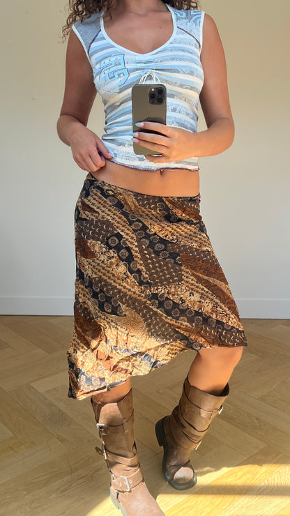 00s brown patterned midi skirt- size S