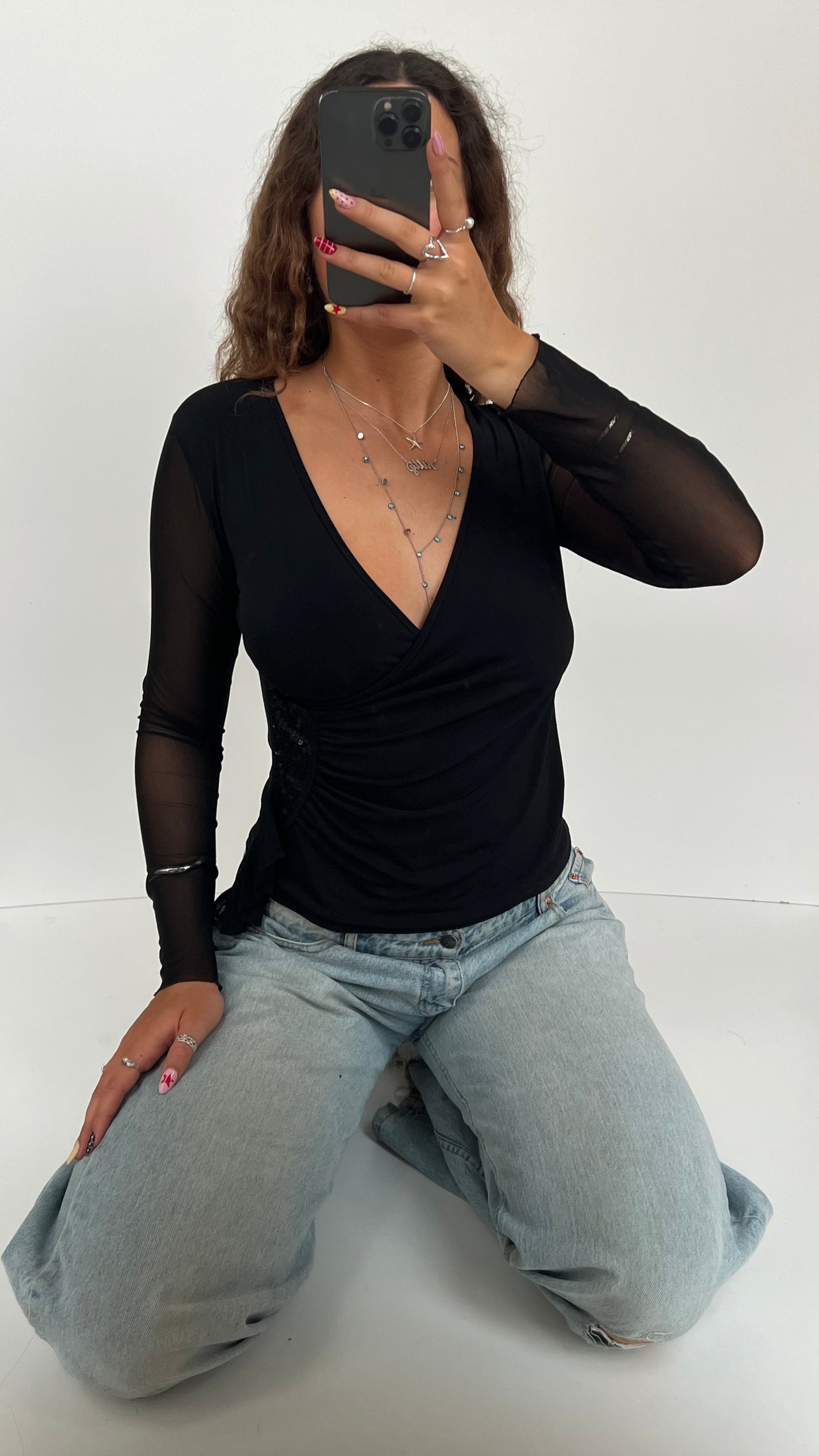 00s black mesh long sleeve top- size M