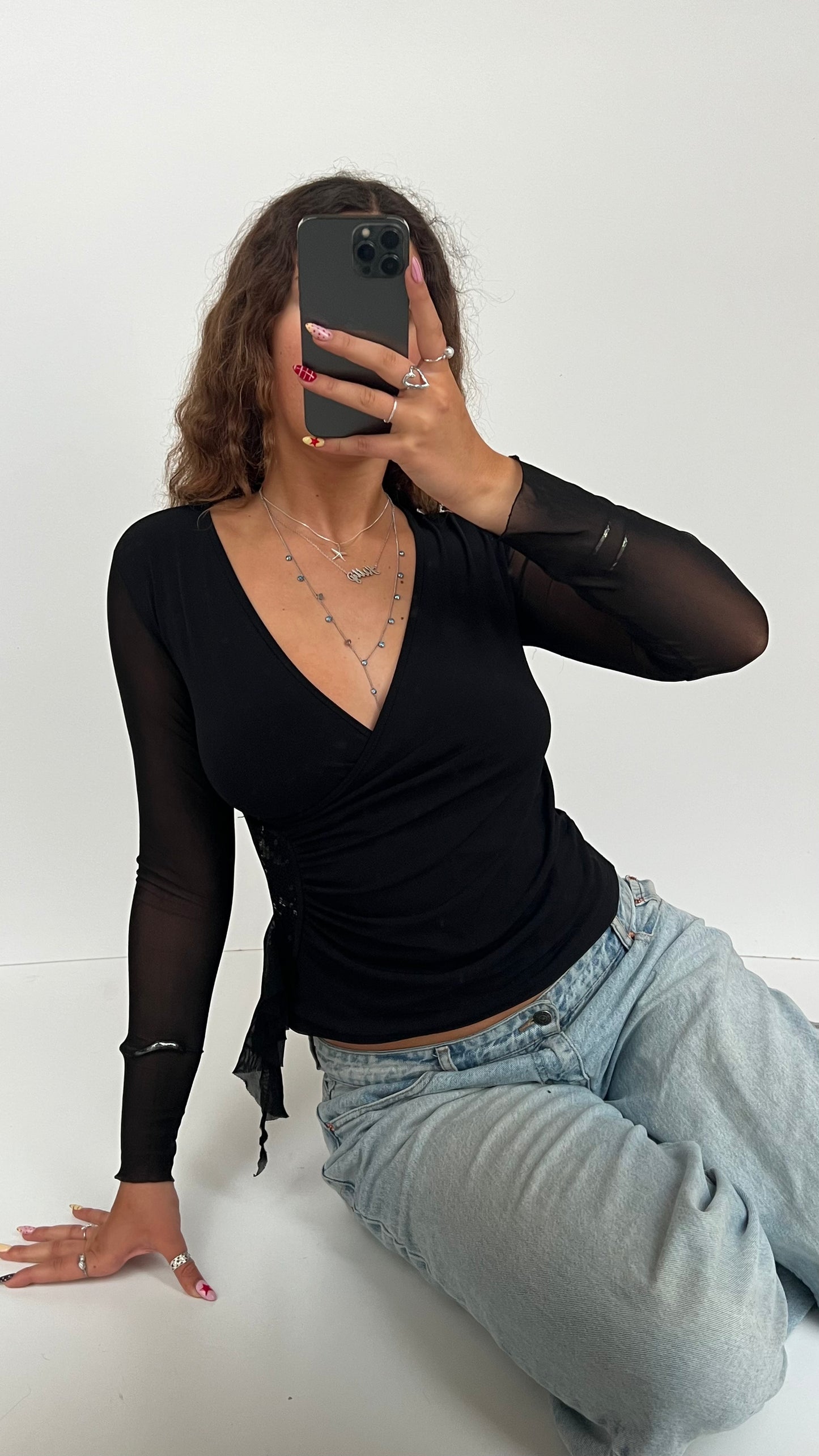 00s black mesh long sleeve top- size M