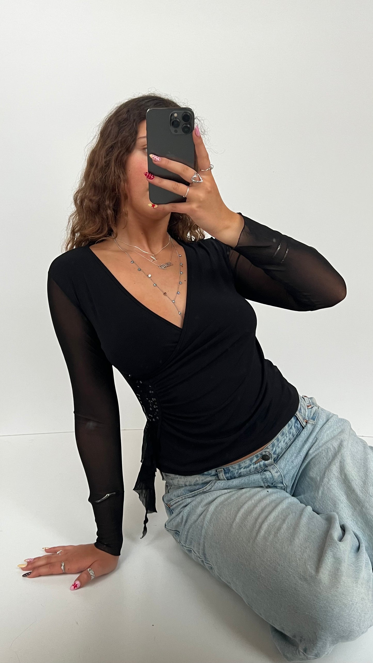 00s black mesh long sleeve top- size M