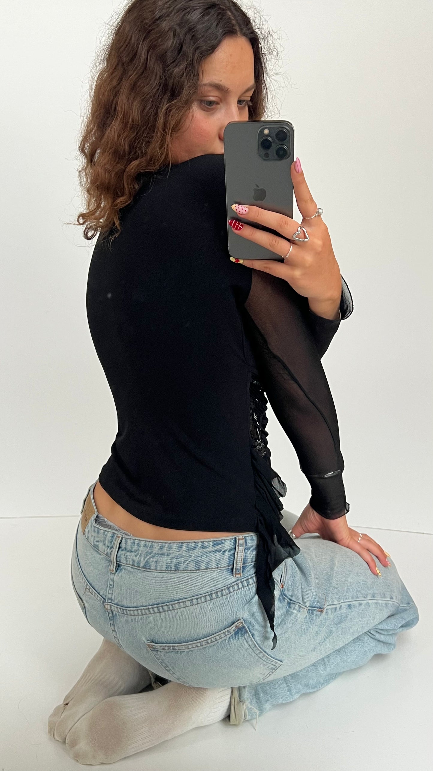 00s black mesh long sleeve top- size M