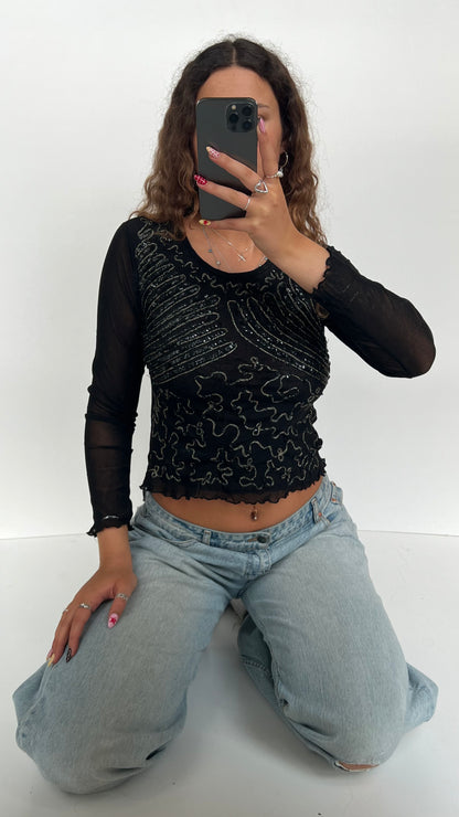 00s black sequin long sleeve top- size S