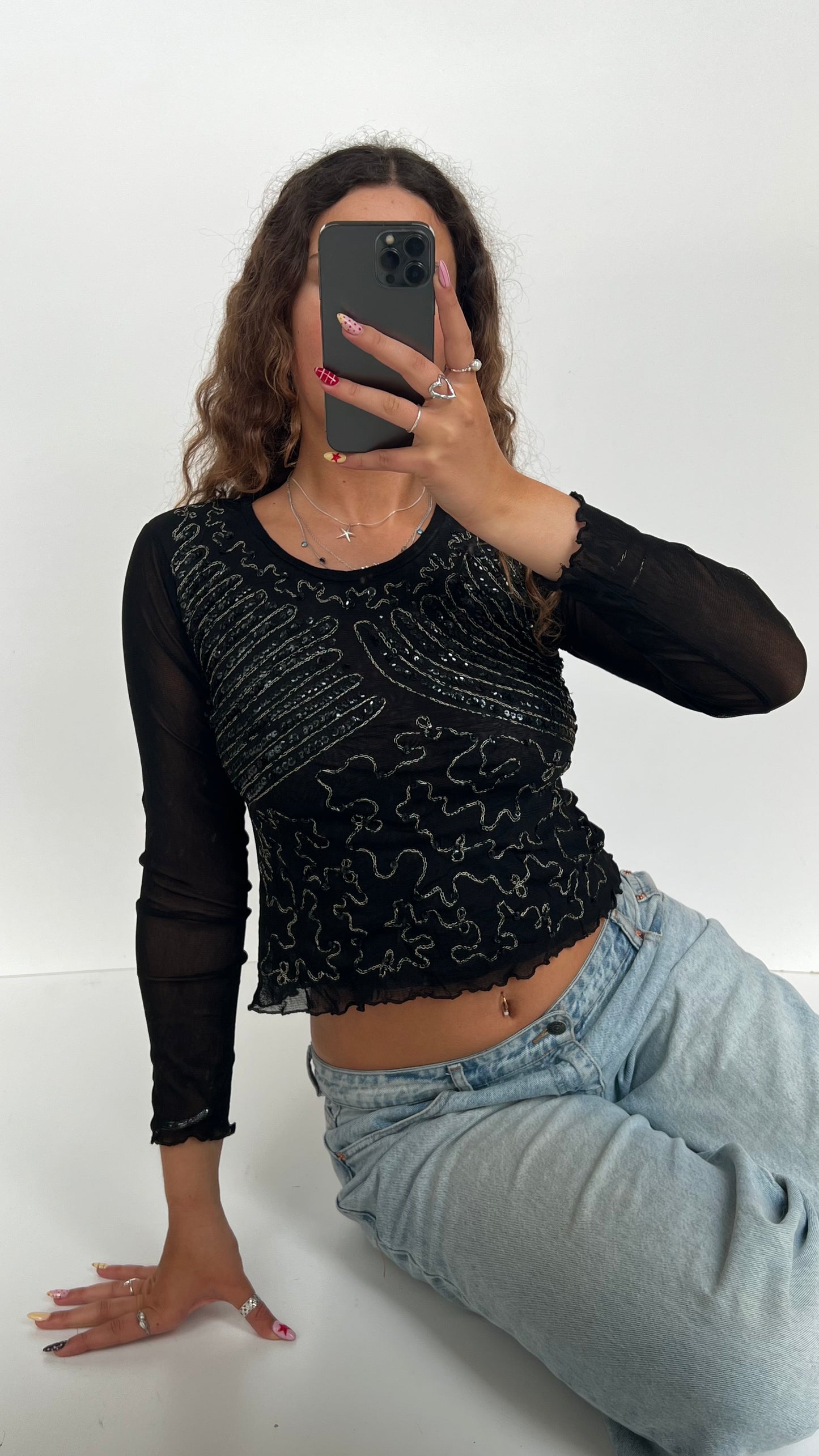 00s black sequin long sleeve top- size S